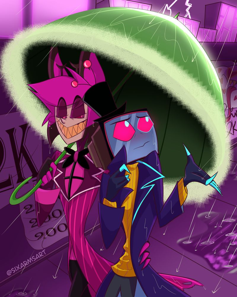A digital drawing of Alastor and Vox from Hazbin Hotel. Vox is in his vintage design and he and Alastor are walking down the street with a green umbrella over them. The background shows the sidewalk, a wall with various posters, and buildings with glowing windows, all in shades of purple