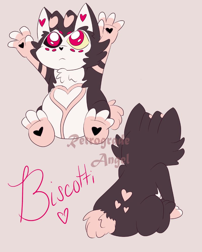 A front and back view of my huskerdust fankid. Her name is Biscotti and she's mostly black with pink hands and feet and bands that mimic Angel Dust's markings. She also has a similar heart shape on her front, two-toned eyes, and a pink fluffy tail. On her back are three pink hearts.