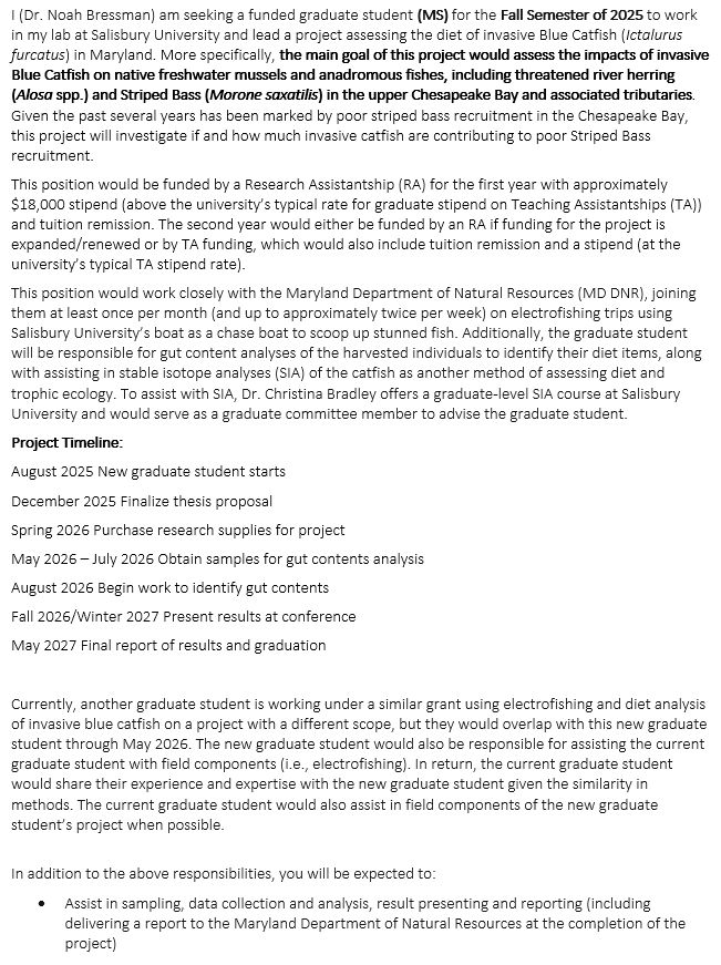 Funded MS Opportunity in Fish biology, fish ecology, fisheries, and invasive species in fisheries at Salisbury University in Maryland. If you have trouble reading job ad text, please send me a message and I will send you the text itself instead of just a photo of the job posting