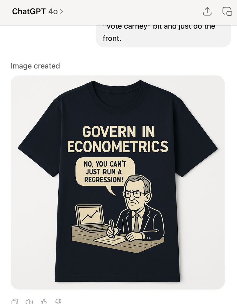 Black shirt with "Govern in econometrics" printed and a man with a furrowed brow saying "No you can't just run a regression!"