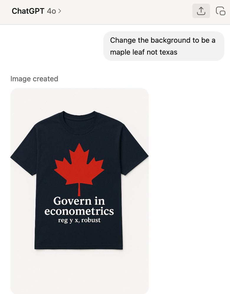 Black shirt with "Govern in econometrics" printed and a red maple leaf and "reg y x, robust" underneath