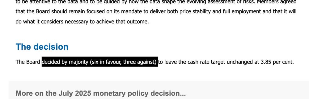 Screenshot with "decided by majority (six in favour, three against)" highlighted