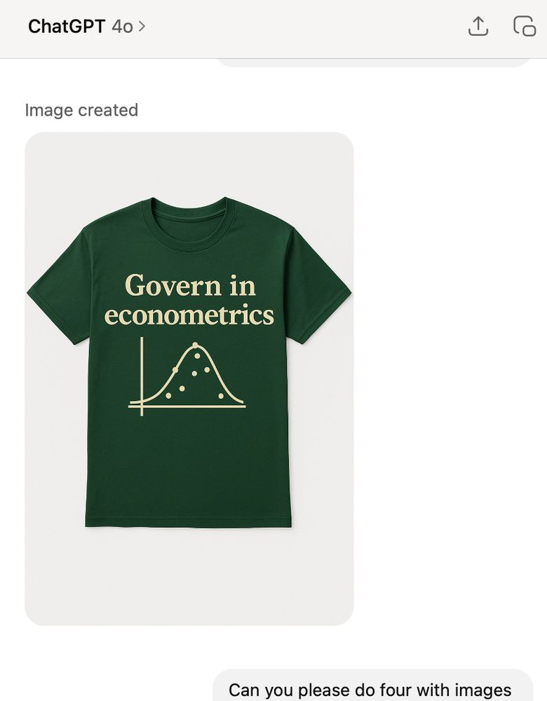 Green shirt with "Govern in econometrics" printed and a normal distribution