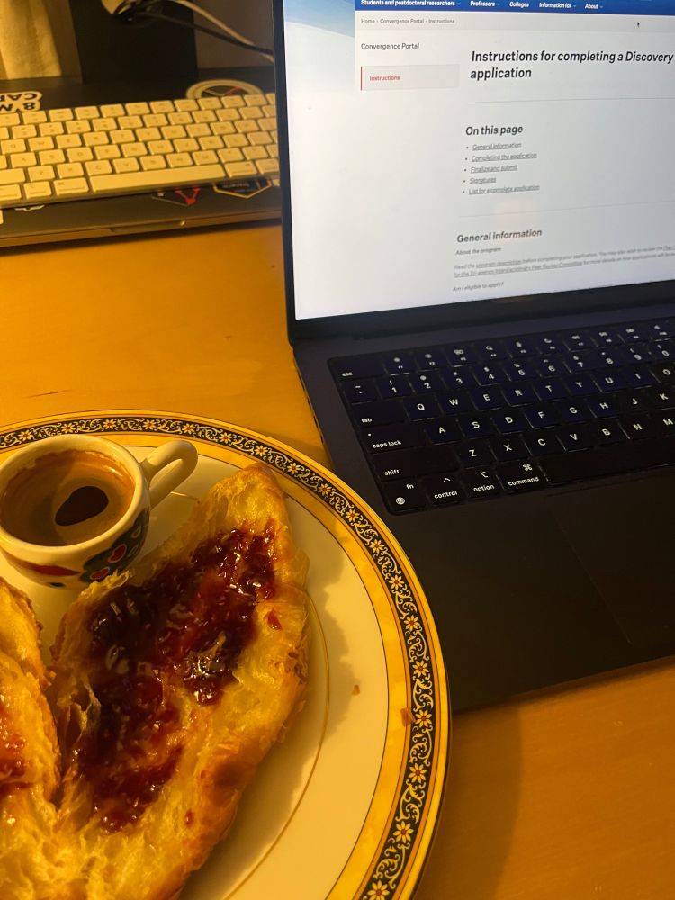 Photo of a croissant, an espresso and a computer with an NSERC page.