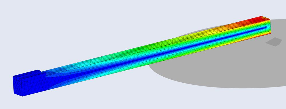 Screenshot of a cantilever beam showing stress concentrations that are high near the root and taper off toward the end. Also high on the top and bottom but low in the center