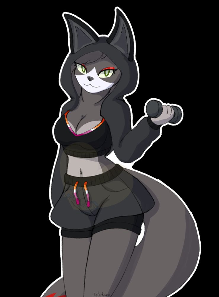 A grey anthropomorphic wolf-furry in a sporty outfit consisting of a flare leg bottoms with shorts beneath, a sportsbra and a crophoodie with earcovers. They are holding a dumbell in one hand, while the other is hanging straight down. The lesbian flag is used as accents for the flare bottoms and sportsbra, while they look at the viewer.
