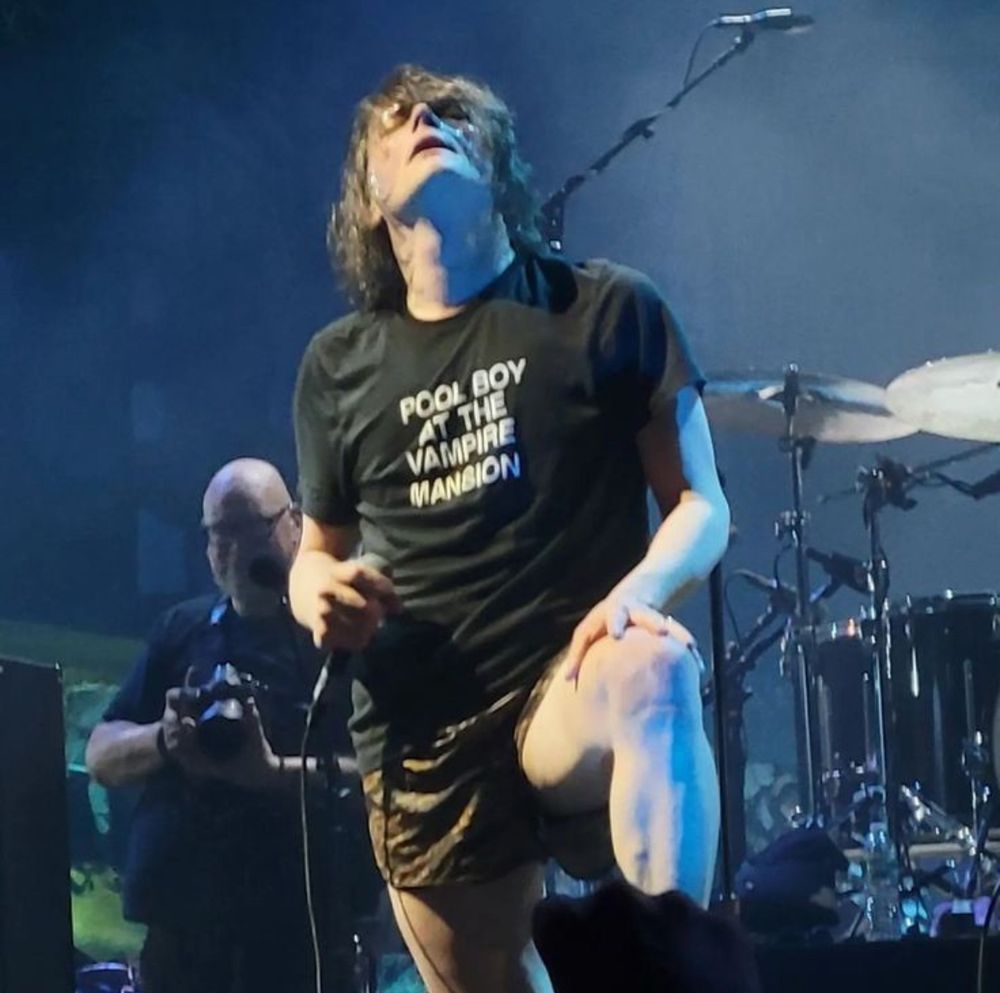 Gerard way, frontman for My Chemical Romance, onstage tilting their head wayyyyyy back to display a lottttt of bare throat, eyes closed in idk some kind of exhausted Moment, death grip on their microphone, hair sweaty and stringy, wearing a tshirt that says pool boy at the vampire mansion, one leg propped up on a monitor to display a truly scandalous amount of bare thigh in extremely short camo shorts. Some guy is standing around behind Gerard with a camera to take a pic and he isn’t actually going for it which is a crime imo