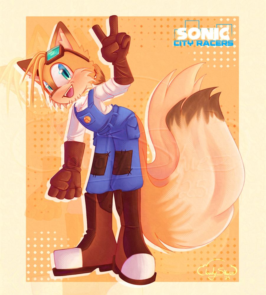 A drawing of Miles 'Tails' Prower from Sonic the Hedgehog. He's drawn to be an older version of his base game self. Darkened pieces of fur can be found on his ears, snout, and on one of his tails. He wears brown and teal goggles on top of his head, a white button up, blue overralls, brown gloves, and brown boots. 