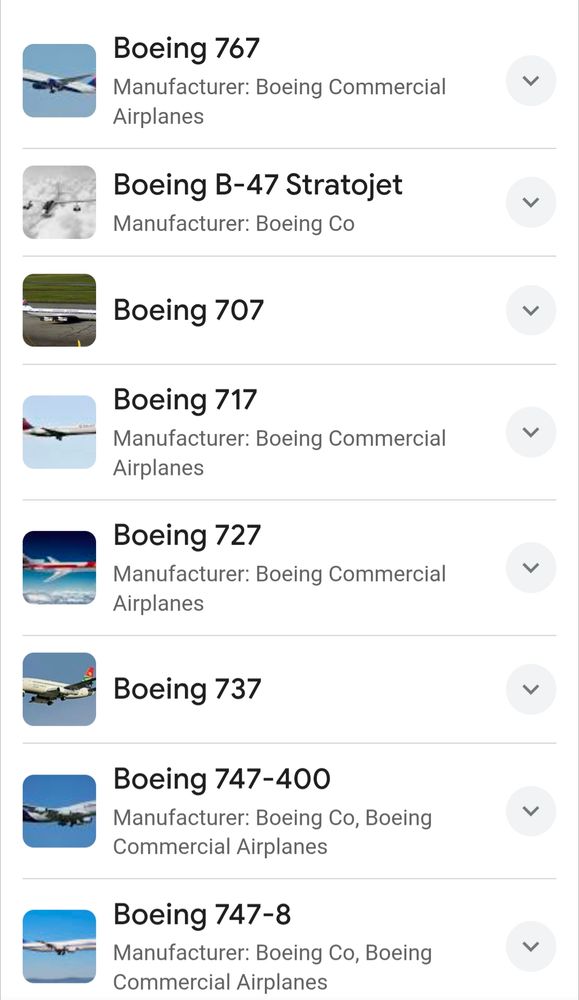 Al list of Boeing jet model numbers: 767, B47, 707, 717,727, 737,747 etc