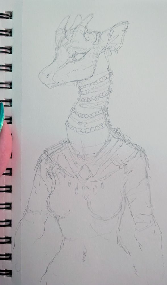 Monica sketch, an okapi woman adorned with lots of jewelry 