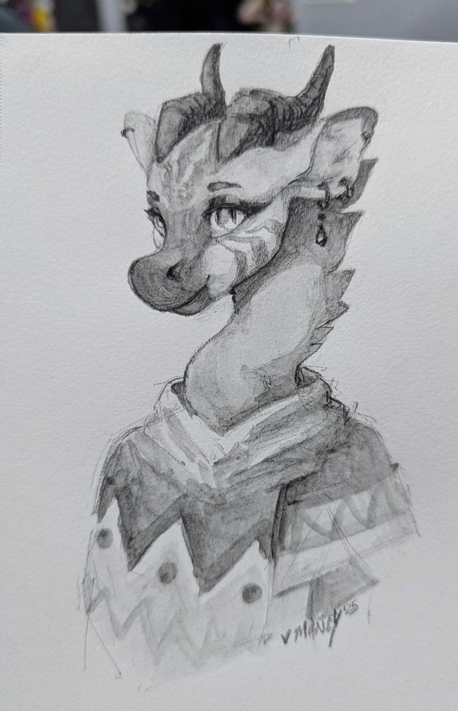 Dragon Monica, watercolor graphite, pencils, ink. And okapi dragon hybrid wearing a patterned wrap. A scarf poncho shawl thing 