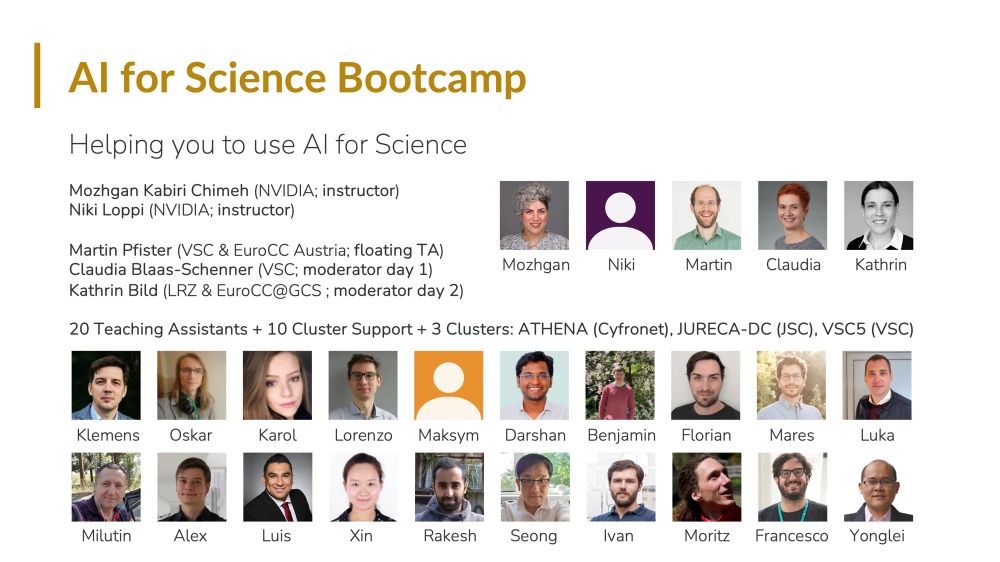 A line-up of instructors, moderators, and teaching assistants "Helping you to do AI for Science" at the "AI for Science Bootcamp, 27-28 May 2025, online".