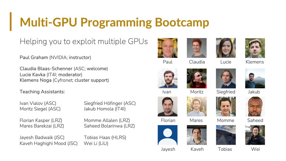 A line-up of instructor, moderators, and teaching assistants "Helping you to exploit multiple GPUs" at the "Multi-GPU Programming Bootcamp, 17-18 June 2025, online".