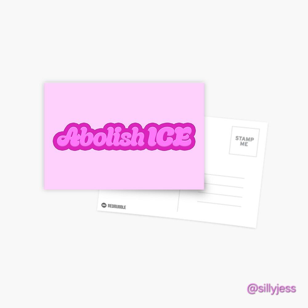 A mockup of a postcard with a pink 3D text design that reads, "Abolish ICE"