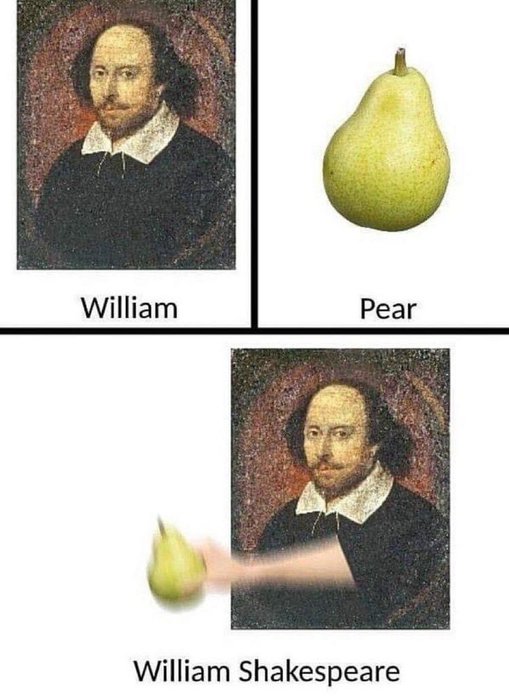 1: An image of William Shakespeare. 
Caption: William 
2: An image of a pear. 
Caption: Pear
3: An image of William Shakespeare shaking the pear. 
Caption: William Shakespeare 