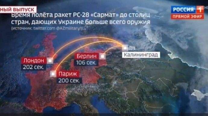 Ein Bild des russischen TV-Programms "Russia 1", gezeigt ist eine Karte Europas, in der Raketen aus der Exklave Kaliningrad nach Berlin, Paris und London fliegen (106, 200, 202 Sekunden). 