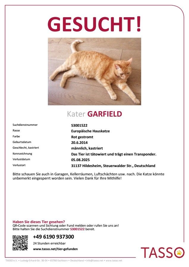 Ein Tasso Suchplakat für meinen Kater. Neben dem Foto vom Tier kann man den Text lesen:

Suchdienstnummer	S3001522
Tierart	Katze
Rasse	Europäische Hauskatze
Geschlecht	männlich
Farbe	Rot gestromt
Geburtsdatum	20.6.2014
Rufname	GARFIELD
Kastriert	kastriert
Transpondernummer	xxxxxxxxxxx4140
Tätowierung	Das Tier ist tätowiert.
Verlustdatum	05.08.2025