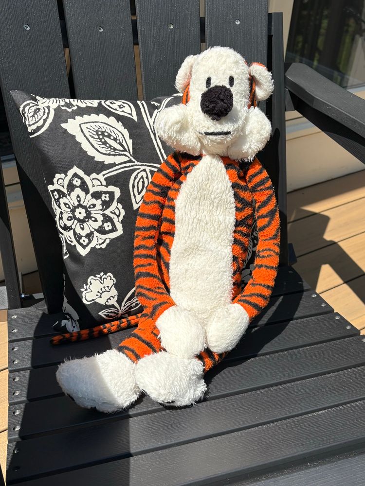 A homemade Hobbes stuffed animal from Calvin & Hobbes, made by Kat’s grandma 