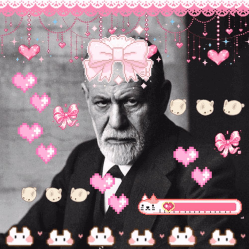 a man with a bow on his head is surrounded by pink hearts and cats