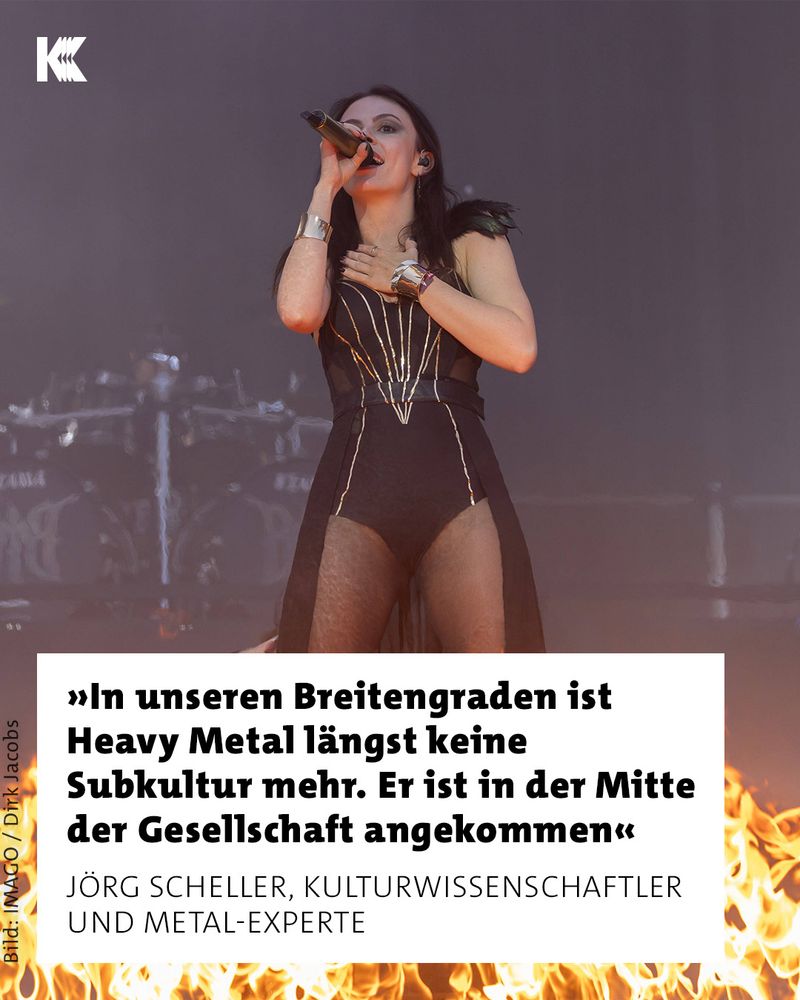 share pic mot metal sängerin auf bühne und Überschrift "In unseren Breitengraden ist Heavy Metal längst keine Subkultur mehr. Er ist in der Mitte der Gesellschaft angekommen" - Jörg Scheller, Kulturwissenschaftler und Metal-Experte