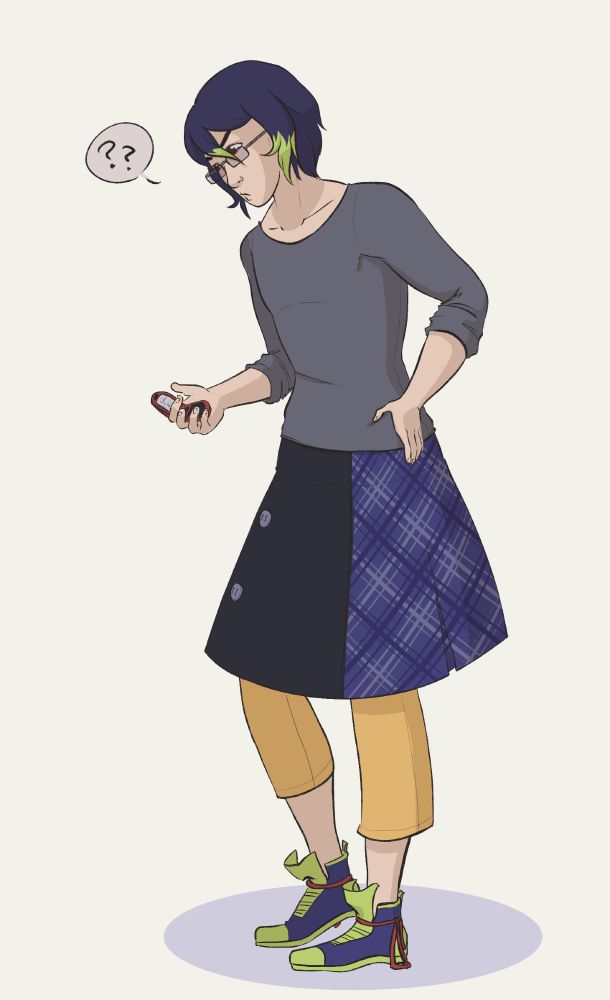 digital drawing from 2018 of ode, a tall man with blue and green hair wearing a grey shirt, a blue and black skirt and yellow pants, as well as blue and green shoes stupidly tied at the ankle. He's looking at an old cellphone as if said cellphone had asked him an unsolvable riddle.