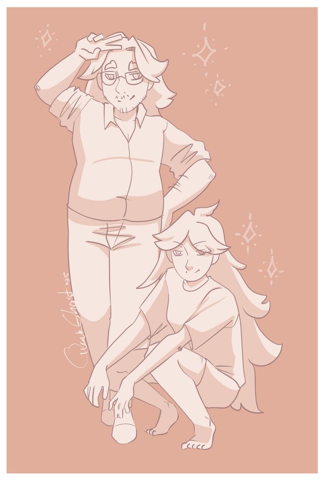 sketch of olive and jude posing for the camera, being silly. 