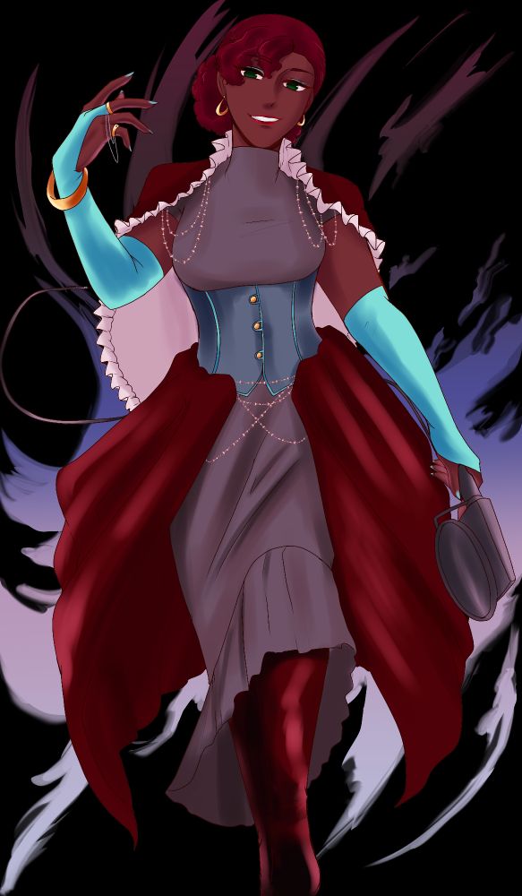 Splash art of a woman wearing a grey red dress, teal arm covers and corset, maroon boots and maroon open dress skirt with her hair in a bun while she has gold earrings, bracelet and rings on her right hand and carrying a microphone in her right hand. She had a ruffled cape on her shoulders with gold decals going down them. She is smiling and confident looking