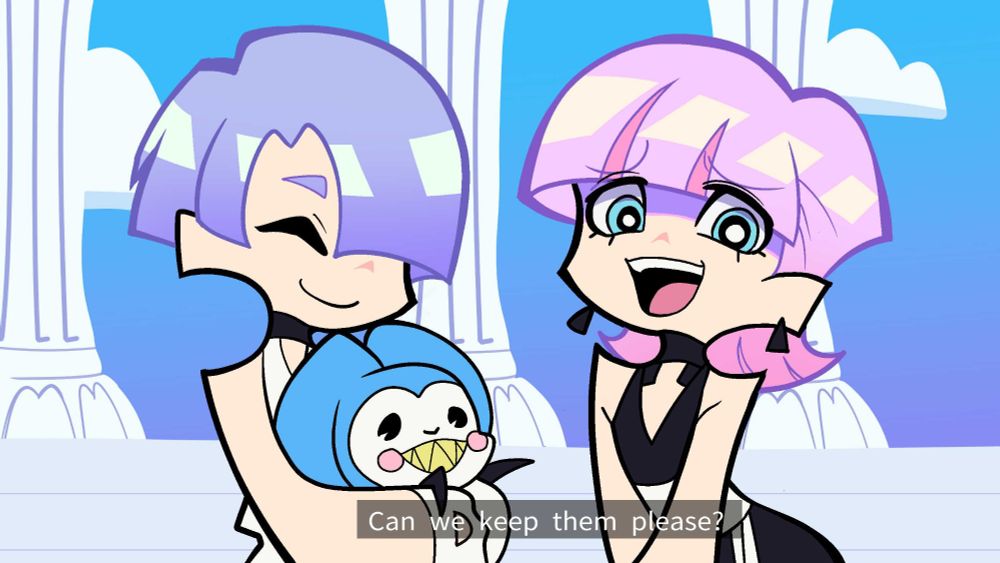 Polyester holds a blue bunny while Polyurethane looks at the viewer with a pleasing expression. The text reads "can we keep them please?". This is fanart and not a screenshot from an actual episode from New Panty and Stocking.
