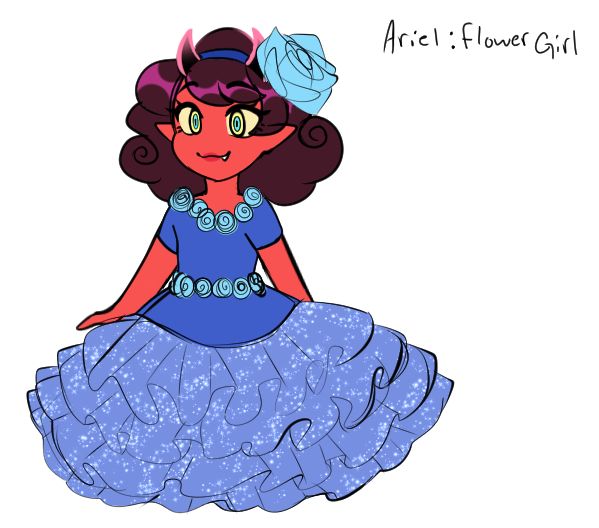 the character "Ariel" in a flowery blue dress. Text at top right corner says "Ariel: flower girl"