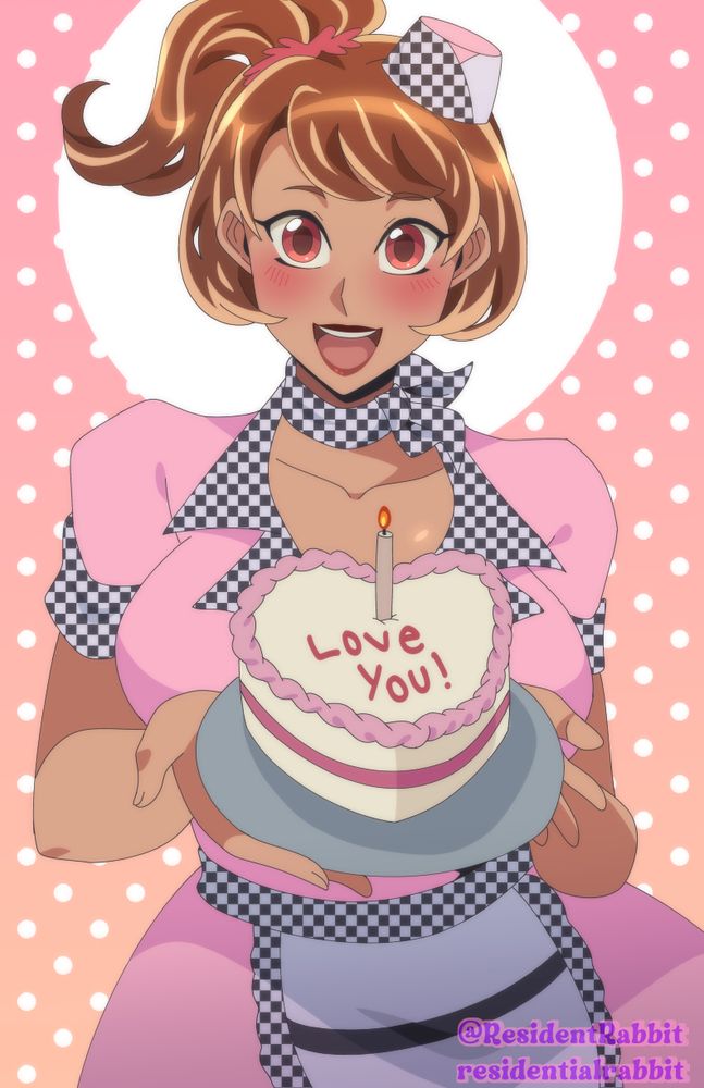 The character Rosita Cardenas from the visual novel Repurpose holding a cake that says " love you ". She is smiling and looking at the viewer. She's also latina. 