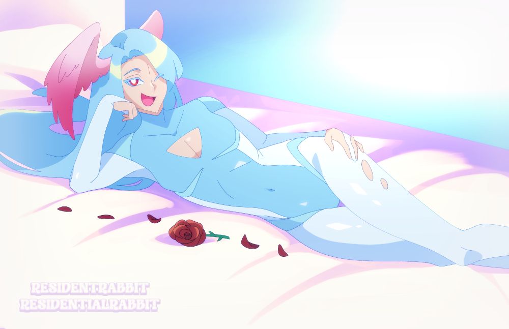 Archangel layed out on a bed, winking and with a rose beside them.