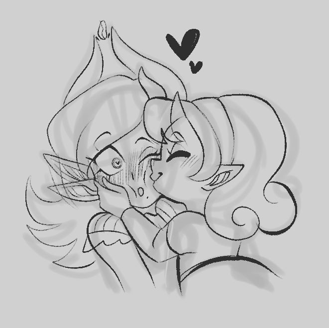 A sketch of Ariel (right) kissing Lilith (left) on the cheek. Lilith's ear is visibly flapping and has a heart in her eye to show she may have romantic feelings about the kiss.