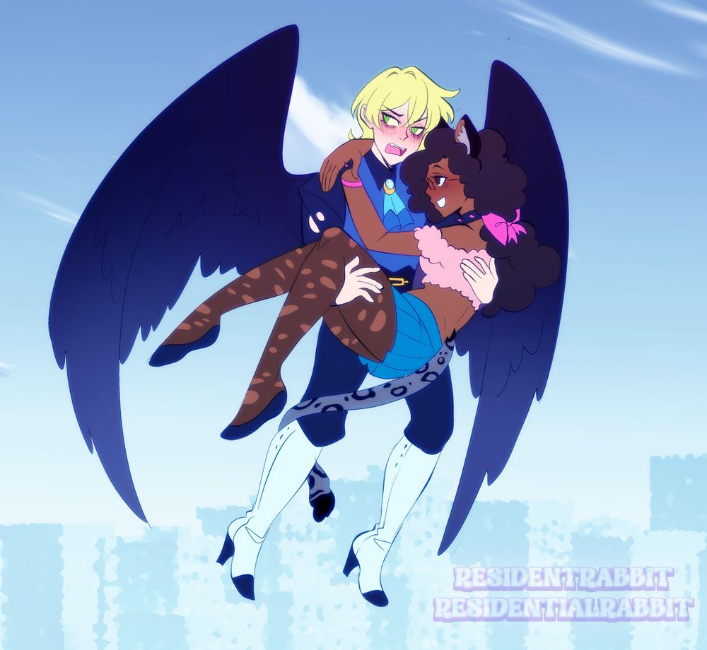 Noel flying in the sky, carrying Jay to safety. They both are visibly blushing.