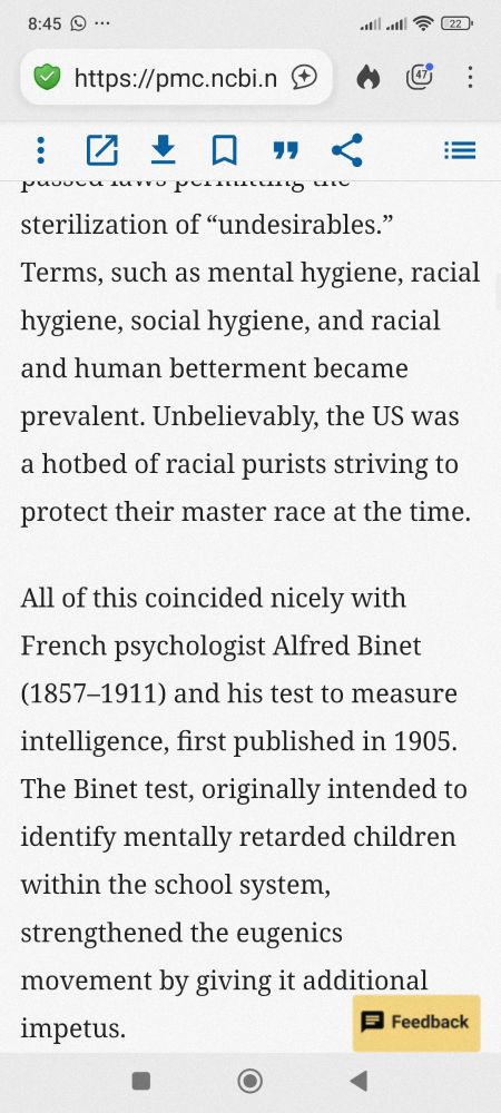 A screenshot of the article about the history of intellectual slurs mentioning Alfred Binet who invented a test that later became the IQ test. 