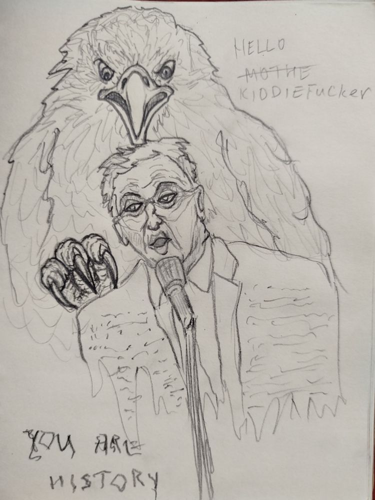 Scribbly sketch of trump doing a sex doll face at the microphone with a pissed off giant eagle behind him about to touch his shoulder with claws. 