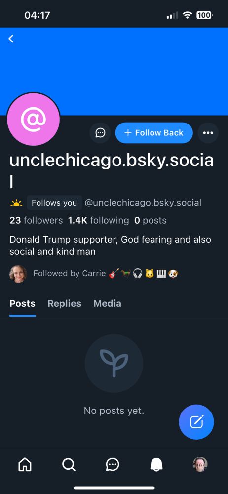Screenshot of the bio page of a Trump supporter who is also God-fearing who thought it would be a good idea to follow me.