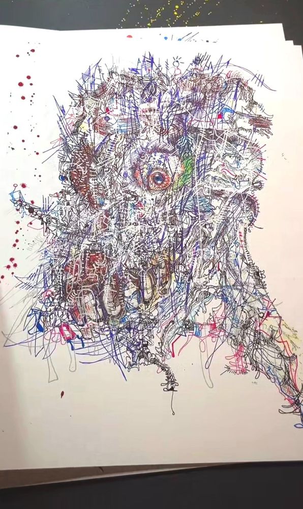 This line drawing is made of many comprehensive small details that come together overlaid and Cross hatch together to make this crazy face with different directions #ContemporaryArt #Painting #AbstractExpression