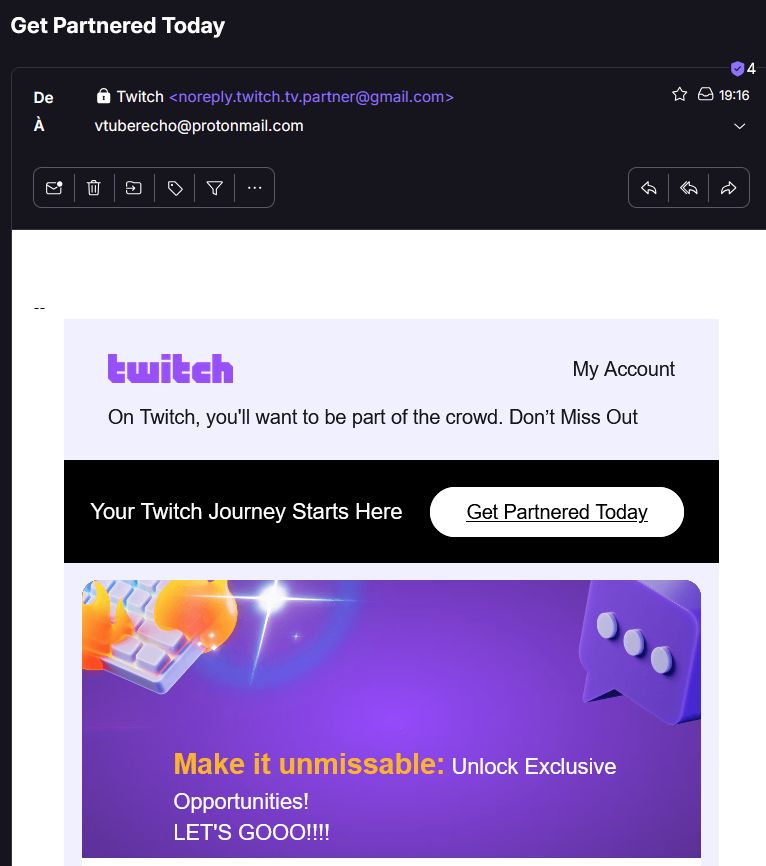 capture d'ecran d'un mail venant de noreply.twitch.tv.partner@gmail.com, prétendant être une invitation au programme twitch partner