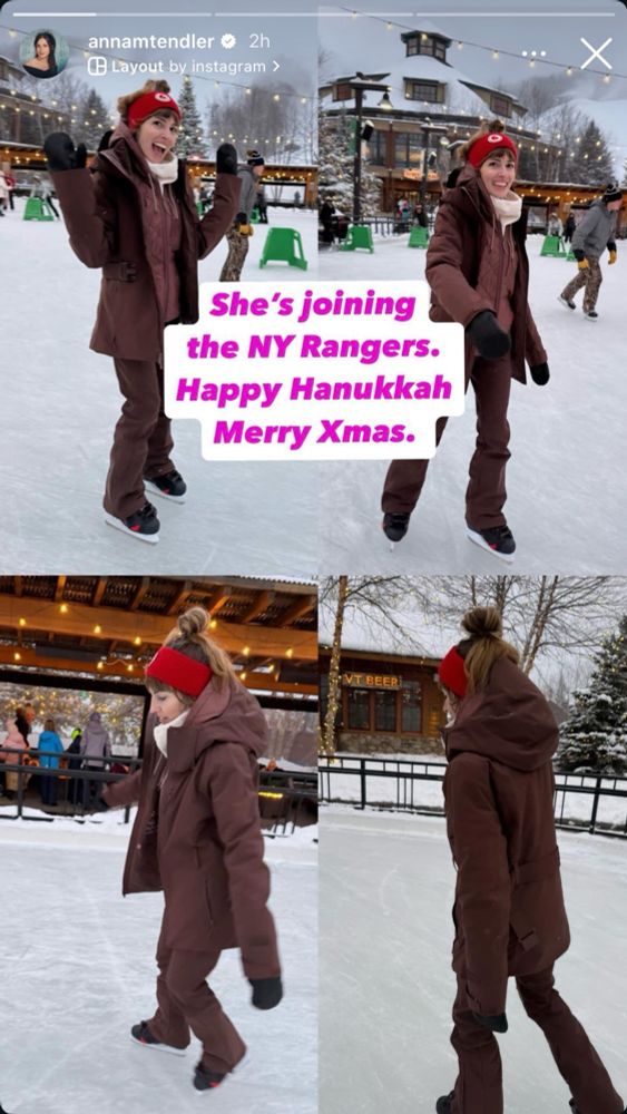 Four photos of Anna Marie Tendler ice skating, posted to her Instagram story. She has captioned it: “She’s joining the NY Rangers. Happy Hanukkah Merry Xmas.”