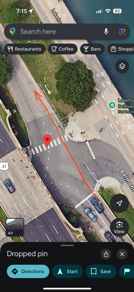 A closer top down view of the crosswalk and intersection, past the overpass of DSLD. 

A red arrow indicates the path the driver took: 
From the right lane of the off ramp, from which they should either turn left (down Belmont) or right (into parking for Belmont Harbor), they instead went straight ahead, to head up the on ramp to get back on DLSD. Drivers should not go straight here under any circumstances, but especially not through a red while pedestrians have the light to cross the on ramp. 

The only way a driver ends up in this situation is if they exited DLSD at Belmont by mistake and decided they were too special to complete the exit and navigate the surface streets to get back to the on ramp legally. Presumably this saved them a whole three minutes they simply could not afford to lose, such that it was worth running over my family to prevent further lost time.