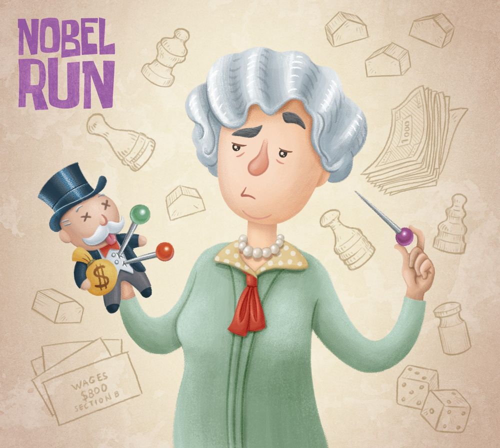 Ilustración de Elizabeth Magie realizada por Iñigo Maestro Guadilla en la que vemos a la inventira sujetando un muñeco de peluche de la mascota del Monopoly al que le está clavando agujas como si fuera un muñeco vudú. La ilustración es una sátira que muestra la venganza de esta mujer contra Charles Darrow, quien robó la idea a Elizabeth Maggie de su juego de mesa The Landlord's Game para convertirlo en el Monopoly, haciéndose rico a su costa.