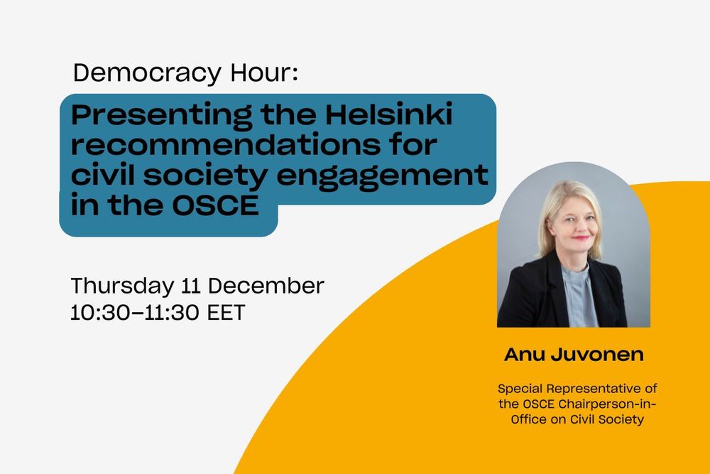 Portrait of Anu Juvonen and text "presenting the Helsinki recommendations for civil society engagement in the OSCE".