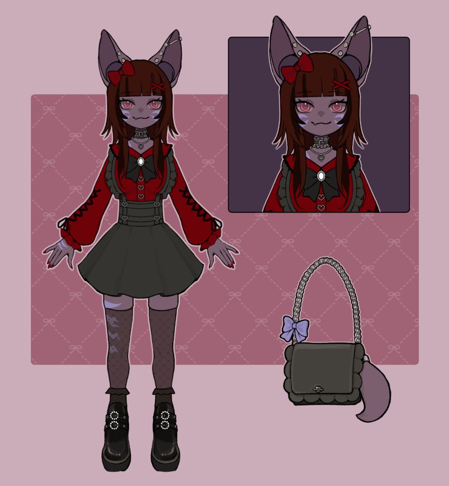 Outfit design by https://vgen.co/lilistration. Image of Mana Frey wearing a cute J-Fashion outfit that consists of a red shirt with long laced sleaves that are a bell style. On top of that is a gray skirt with a lacy part that goes up to her shoulders. She's wearing black boots and sheer thigh highs. Also includes a cute bag that has a bow and a charm that looks like a tail.