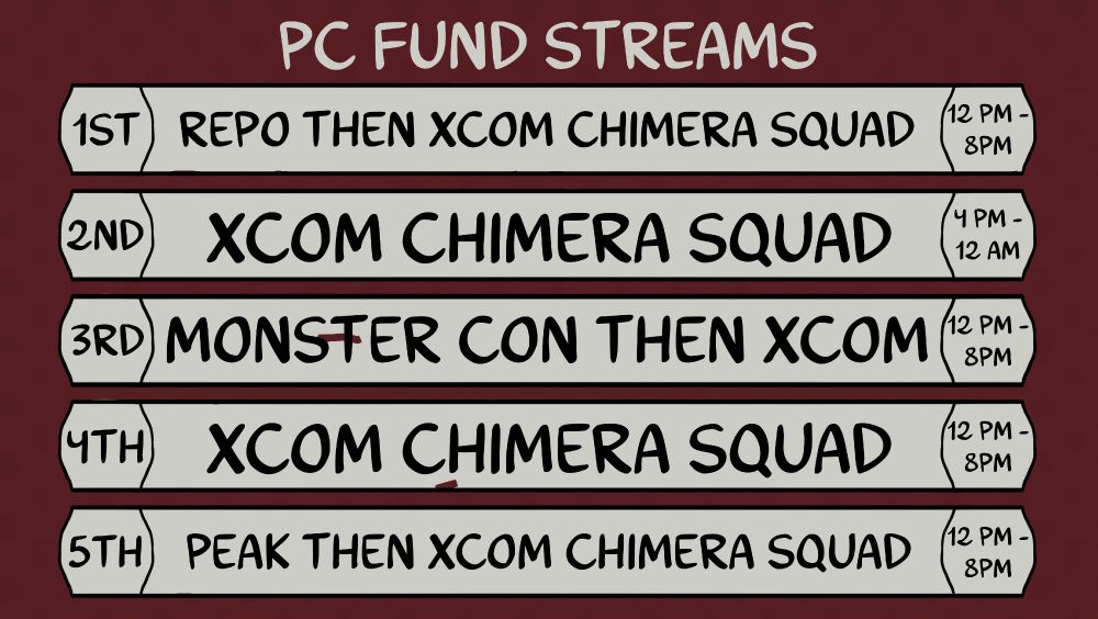 PC Fund Streams
1st: Repo Then XCOM Chimera Squad 12 PM - 8 PM
2nd: XCOM Chimera Squad 4 PM - 12 AM
3rd: Monster Con Then XCOM 12 PM - 8 PM
4th: XCOM Chimera Squad 12 PM - 8 PM
5th: Peak then XCOM Chimera Squad 12 PM - 8 PM