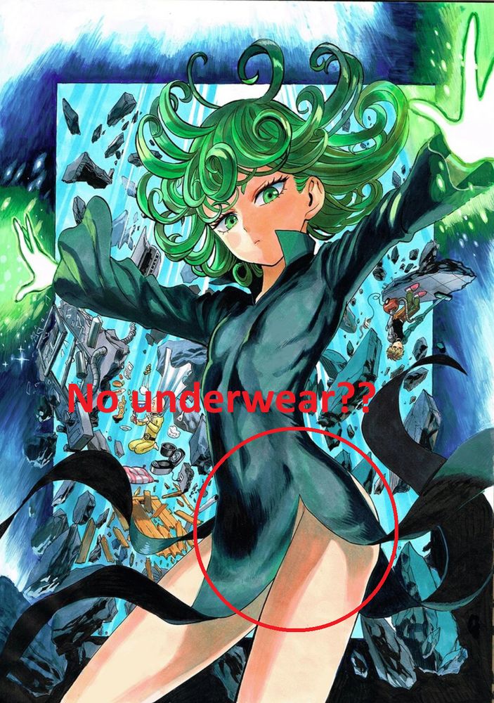 Official art of Tatsumaki from One Punch Man with a red circle edited over it and red text that says "No underwear??"