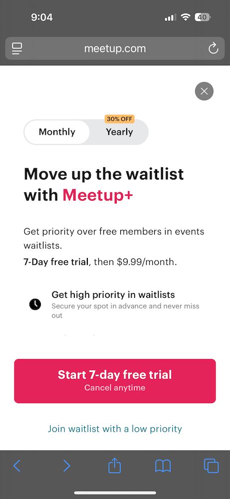 A screenshot from Meetup.com offering the ability to move up the waitlist for an event by paying $9.99/month for Meetup+