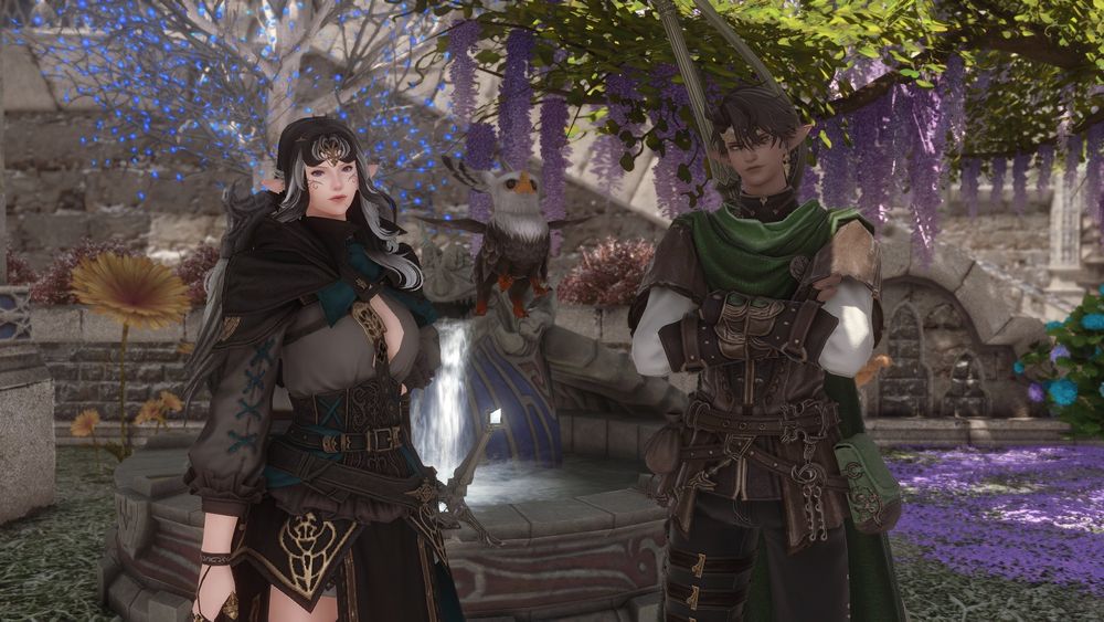 Faelyn (left) and Kieran (right) after their kingdoms fell to the flood of light. They are the only survivors. Though the Tree of Eternity that granted Elves their everlasting lives also fell to the flood, they still somehow live on many years after. Both thought the other dead until they ran into each other in the Crystarium. 
Kieran adopted an orphan Griffon, a species of the first that is on the verge of extinction of the flood. 