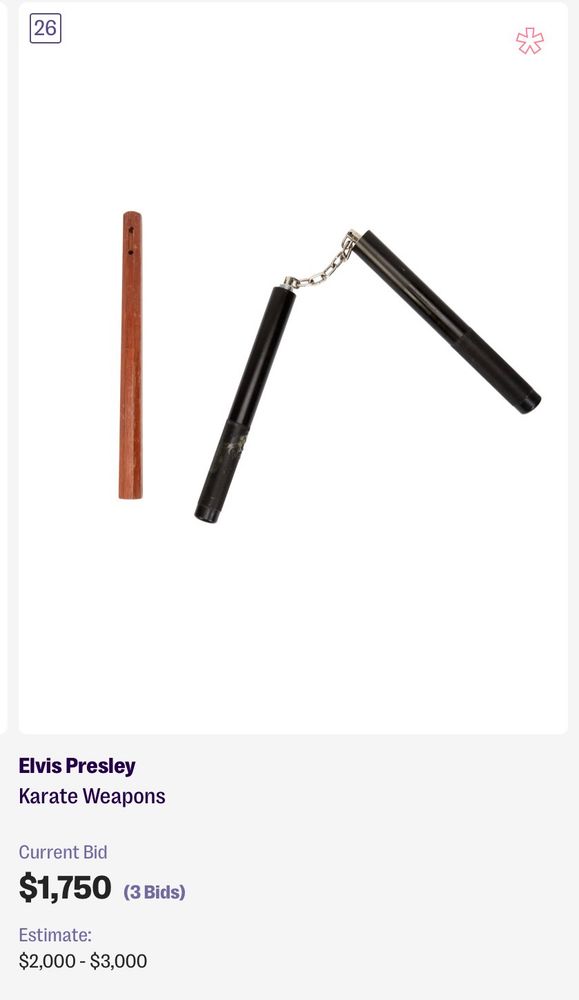 Auction item: 26)
Elvis Presley
Karate Weapons
Current Bid
$1,750 (3Bids)
Estimate:
$2,000 - $3,000