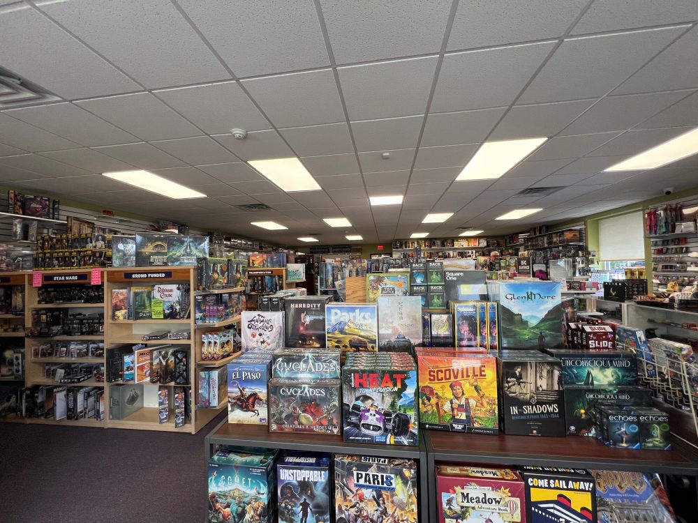 Mr. E’s Game World from front entrance board game selection.