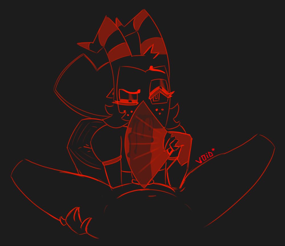 moxxie helluva boss in makeup and the opera dress from the episode truth seekers, performing fellatio but blocking out the view with his wind fan. with the outline of the penis shining through.